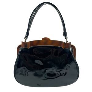 VTG 50s 60s CROWN LEWIS BLACK PATENT LEATHER PURSE TORTOISESHELL METAL FRAME GUC